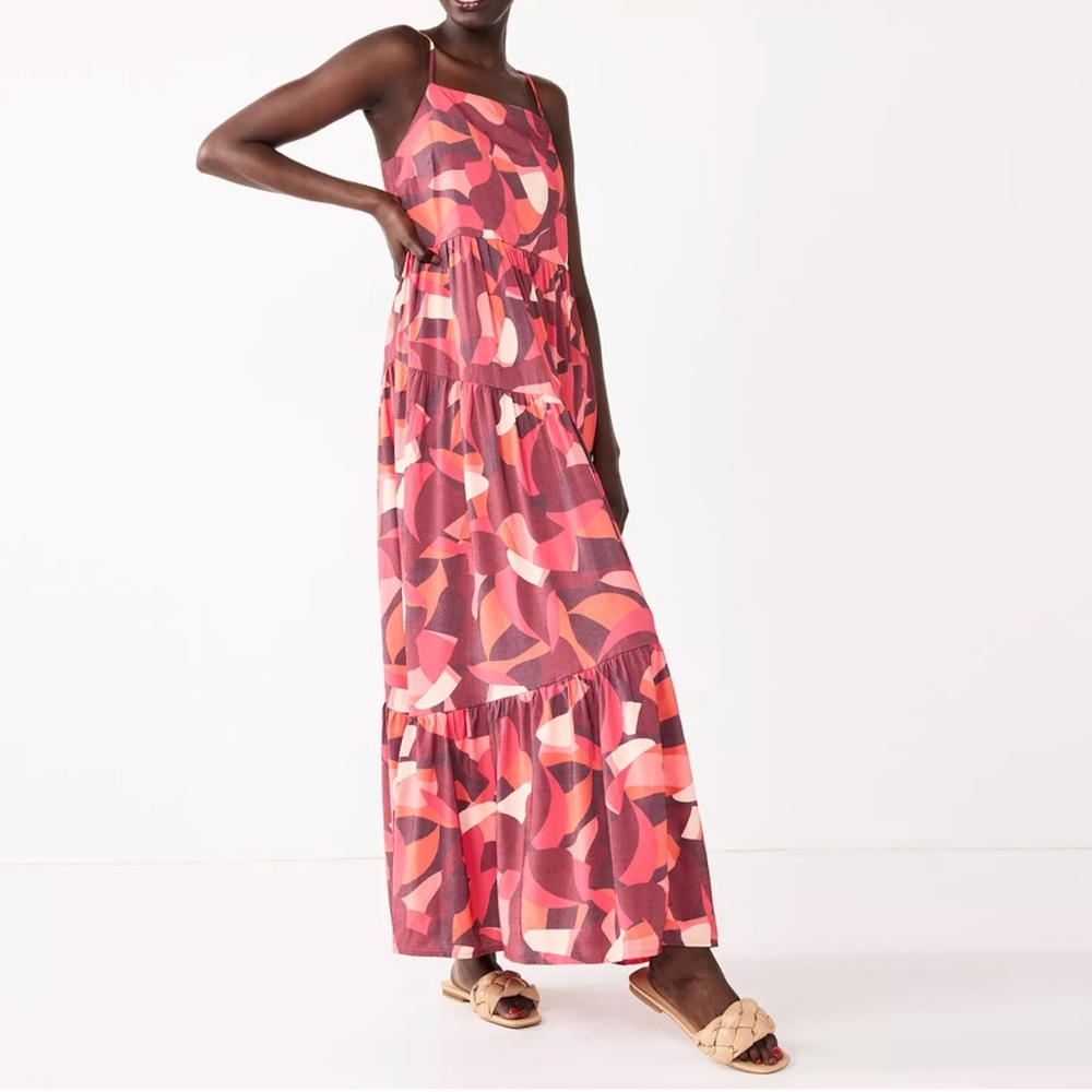 Nine West womens M Asymmetrical print Tiered maxi dress tropical boho costal